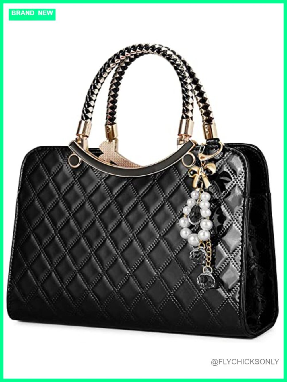 Ladies Patent Faux Leather Satchel Handbag Crossbody Shoulder Bag Pearl Charm